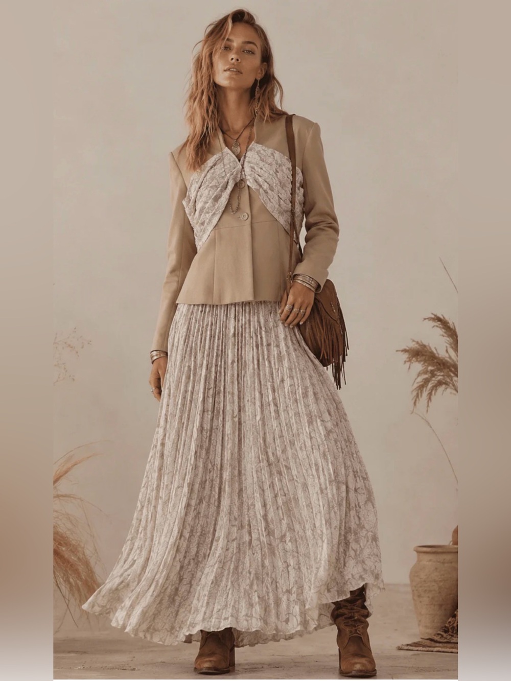 Boho Pleated Maxi Skirt Set in Taupe & Cream